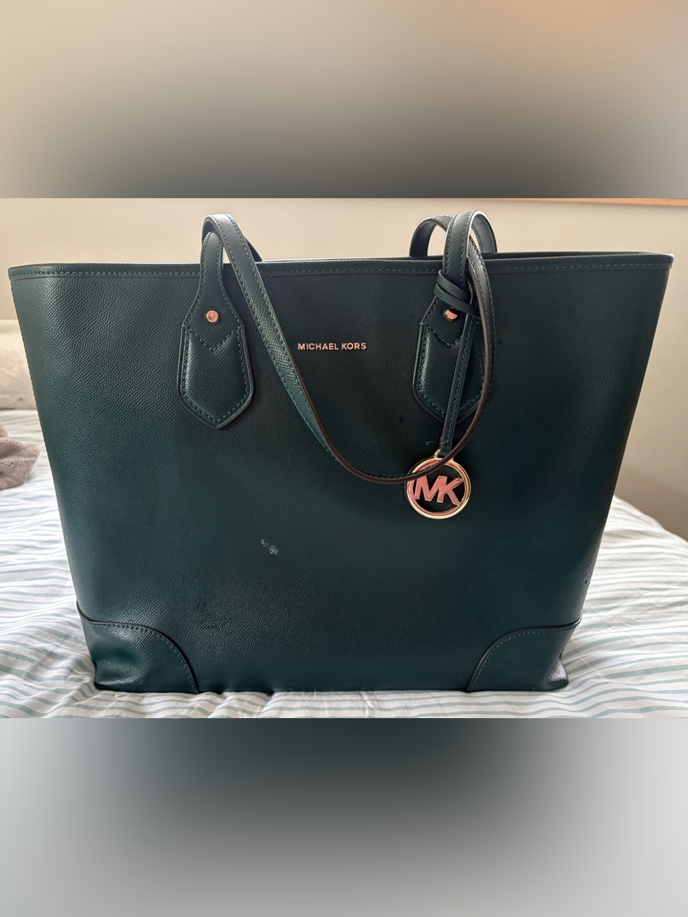 Michael Kors Emerald Green Saffiano Tote with Gold MK Charm